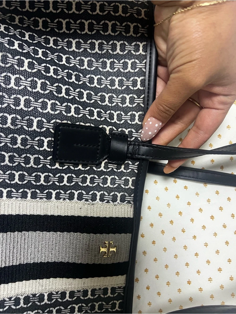 Tory Burch Black and Cream Logo Stripe Tote